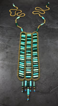 Load image into Gallery viewer, Collier plastron en verre et laiton, tuquoise, vert, bleu, grand format créateur Khara Tuki Paris