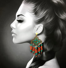 Load image into Gallery viewer, Portrait boucles d'oreilles sur mesure laiton turquoises et corail créateur Khara Tuki Paris