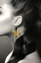 Load image into Gallery viewer, Boucles d'oreille en laiton ajouré et pierres semi précieuses facettées Pyrite, longues créateur Khara Tuki Paris
