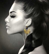 Load image into Gallery viewer, Boucles d'oreille en laiton ajouré et pierres semi précieuses facettées Pyrite, longues créateur Khara Tuki Paris