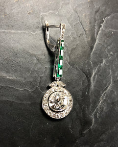 Pendentif ancien en Or blanc diamants et émeraudes transformé en boucles d'oreille unique